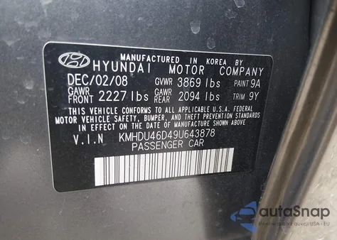 2009 Hyundai Elantra Gls from USA, damaged, VIN KMHDU46D49U643878